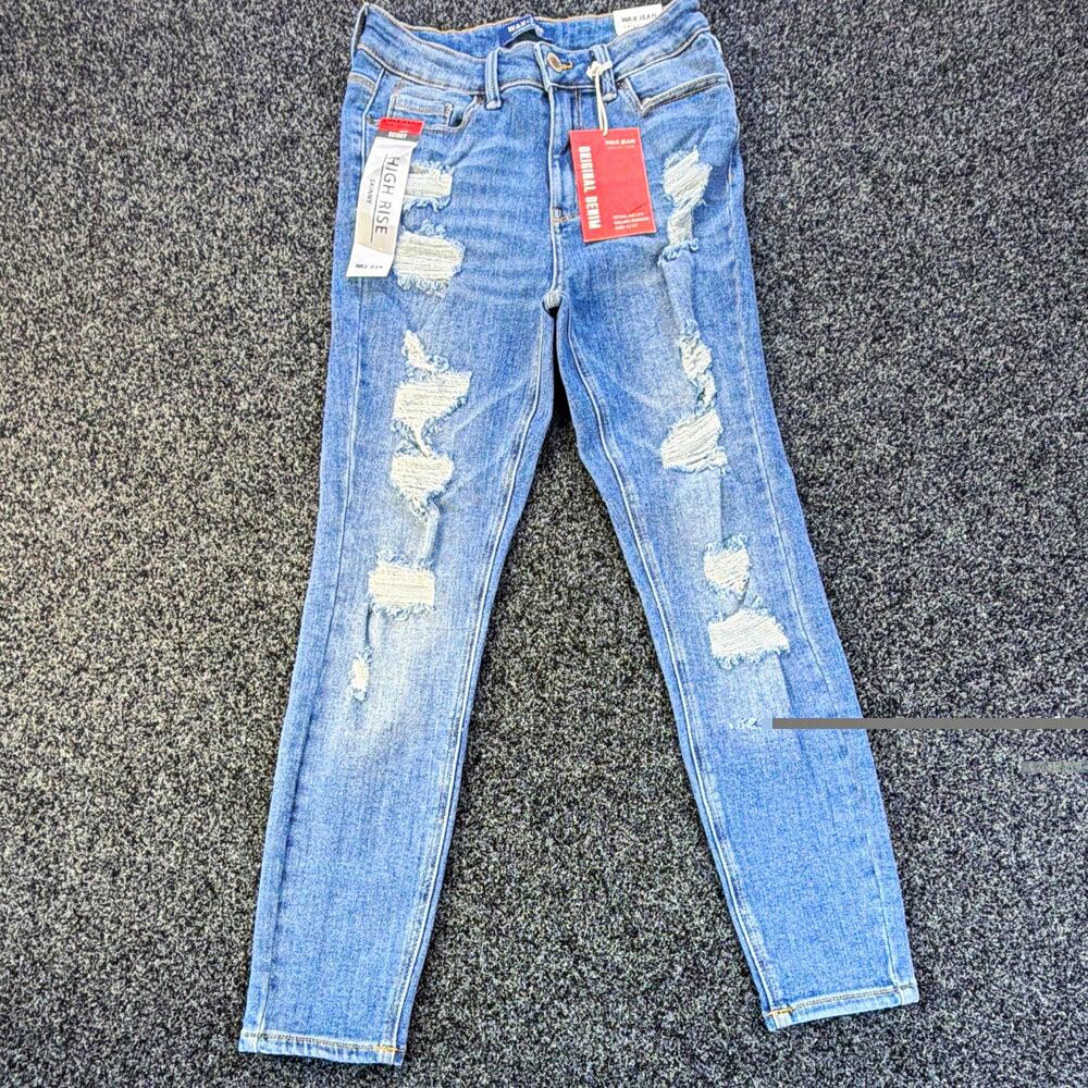 WAX JEAN Collection Juniors Medium Wash Blue High Rise Skinny Distressed Jeans 5